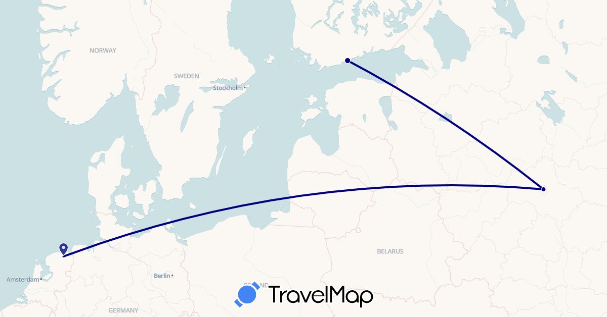 TravelMap itinerary: driving in Finland, Netherlands, Russia (Europe)